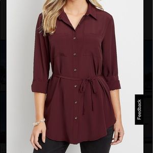 Maurices Wine Tie Waist Long Sleeve Tunic Blouse